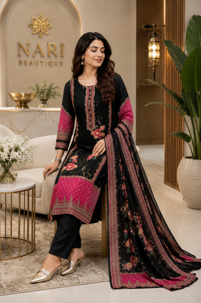 Royal Black Floral Printed Chinon Silk Straight Suit Set with Elegant Dupatta