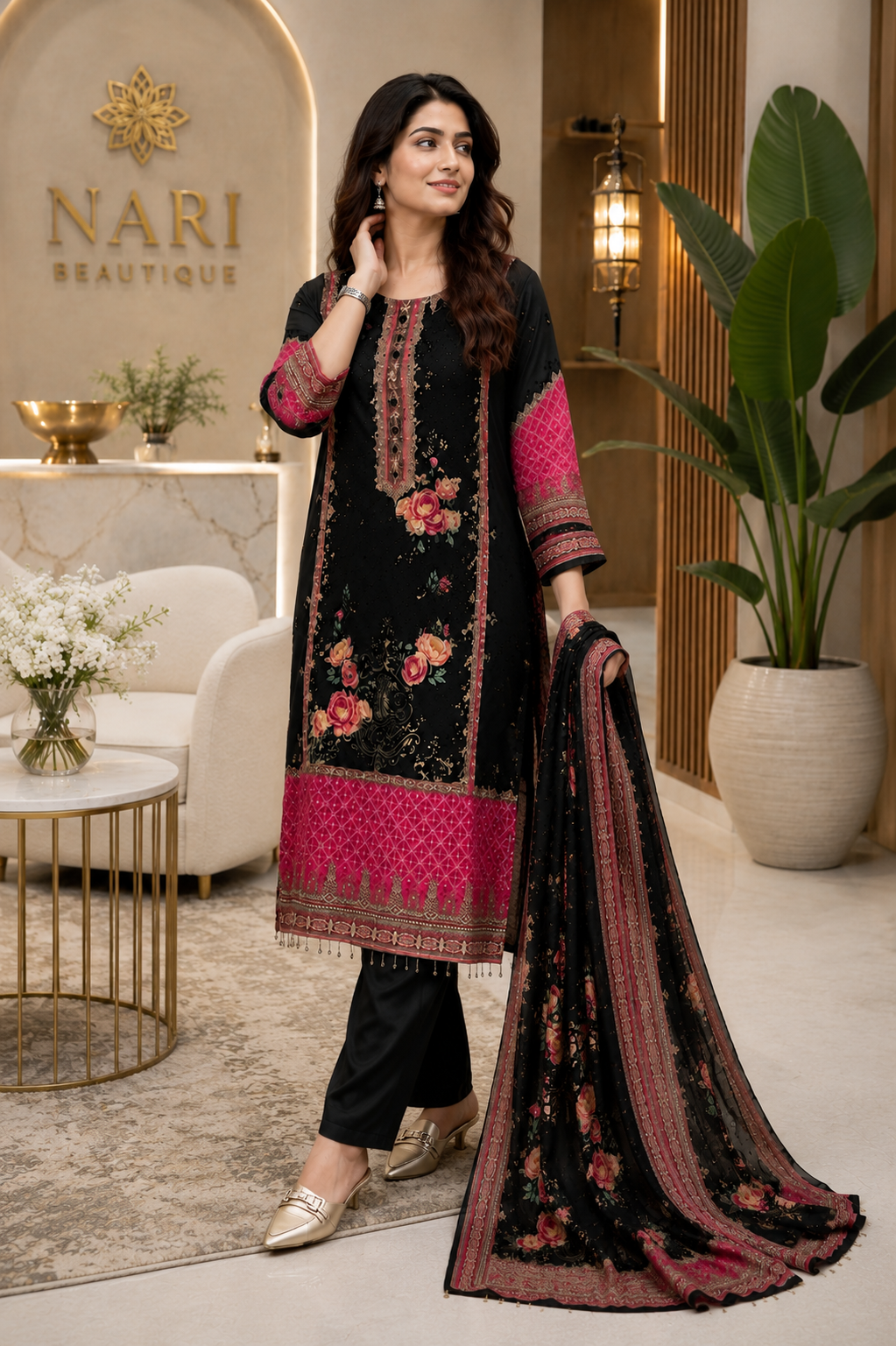Royal Black Floral Printed Chinon Silk Straight Suit Set with Elegant Dupatta