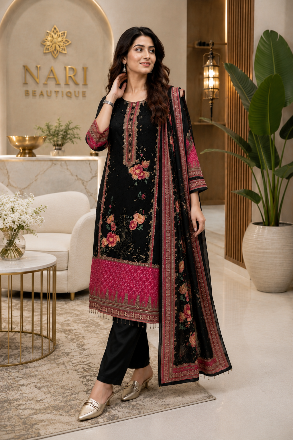 Royal Black Floral Printed Chinon Silk Straight Suit Set with Elegant Dupatta