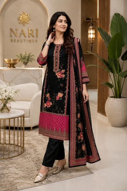 Royal Black Floral Printed Chinon Silk Straight Suit Set with Elegant Dupatta