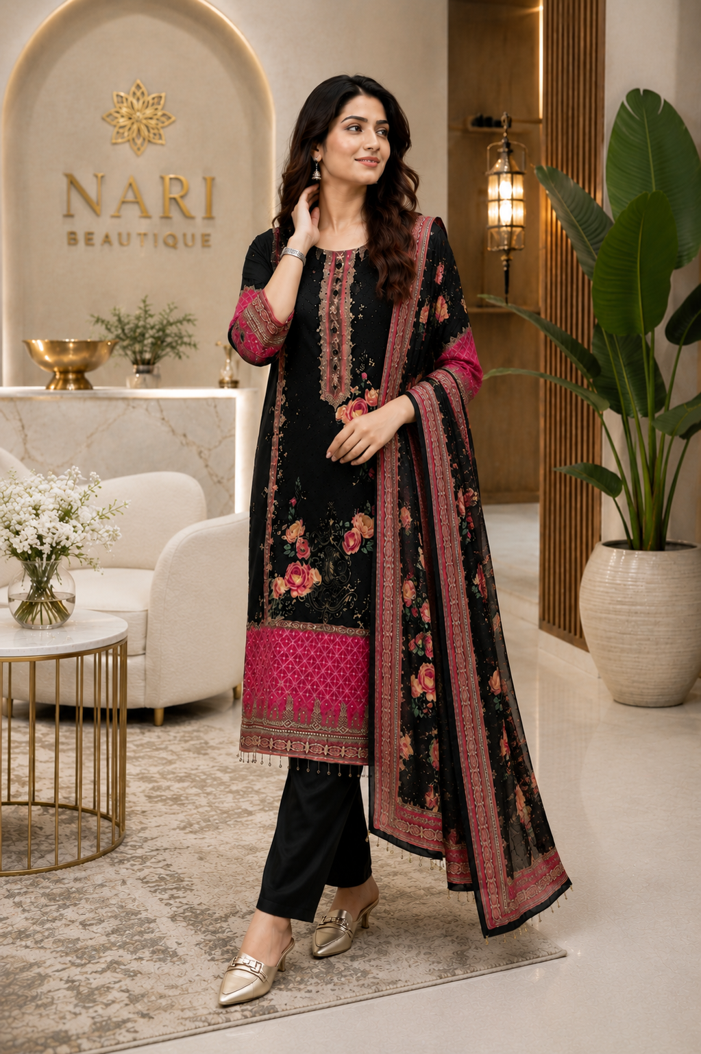 Royal Black Floral Printed Chinon Silk Straight Suit Set with Elegant Dupatta