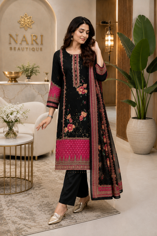 Royal Black Floral Printed Chinon Silk Straight Suit Set with Elegant Dupatta