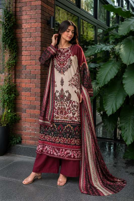 Beautiful Maroon Embroidered Premium Muslin Suit Set with Designer Dupatta & Palazzo