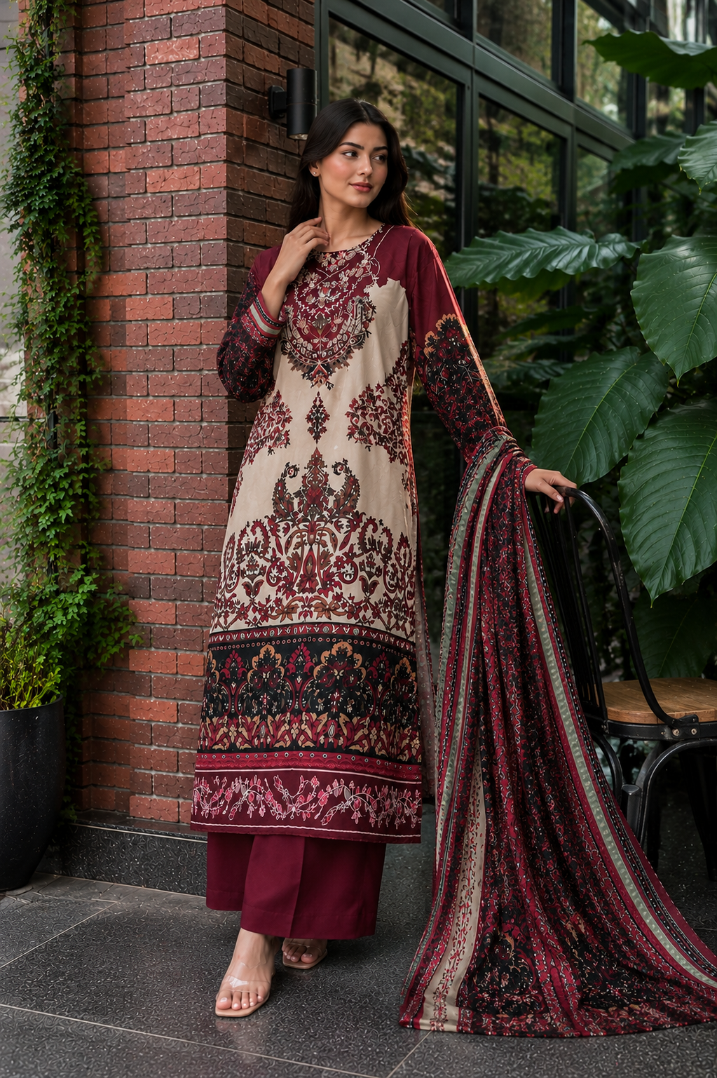 Beautiful Maroon Embroidered Premium Muslin Suit Set with Designer Dupatta & Palazzo