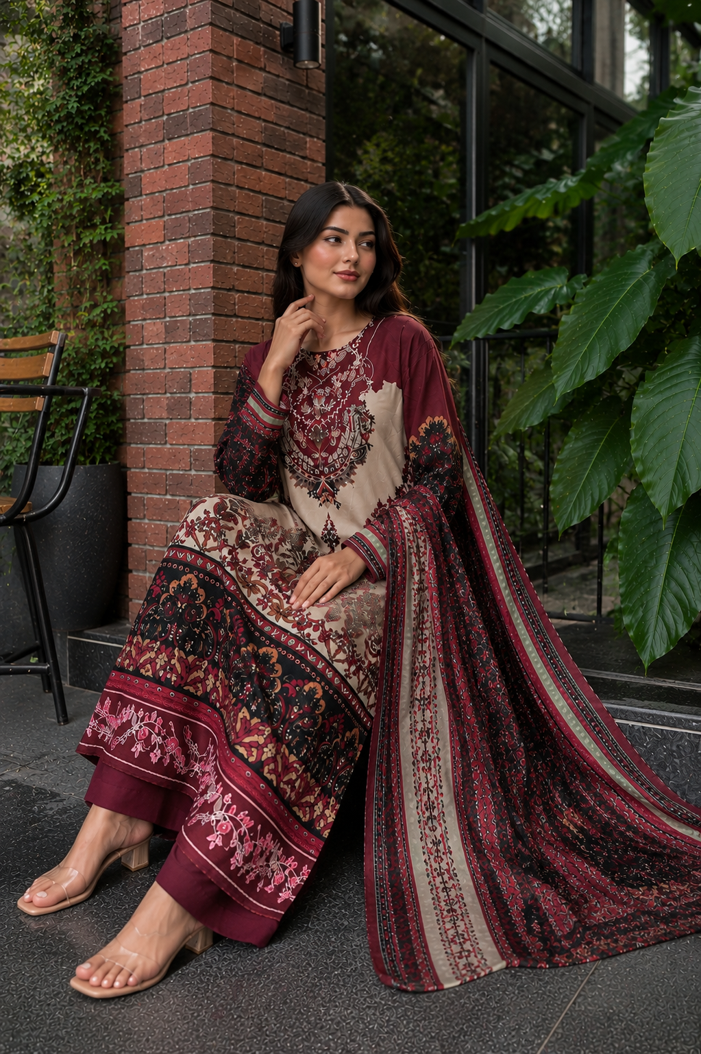 Beautiful Maroon Embroidered Premium Muslin Suit Set with Designer Dupatta & Palazzo