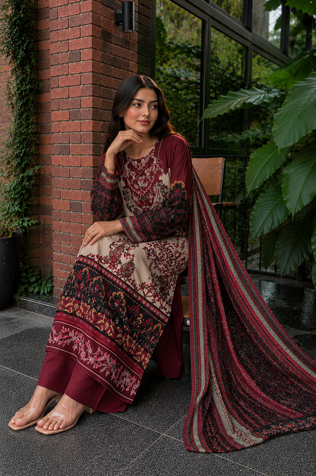Beautiful Maroon Embroidered Premium Muslin Suit Set with Designer Dupatta & Palazzo