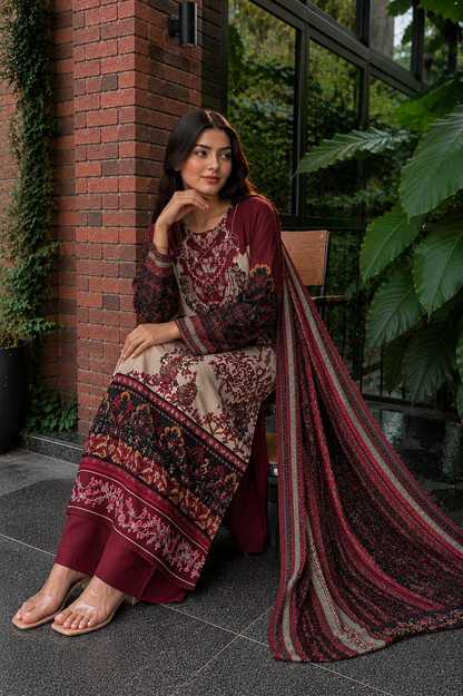 Beautiful Maroon Embroidered Premium Muslin Suit Set with Designer Dupatta & Palazzo
