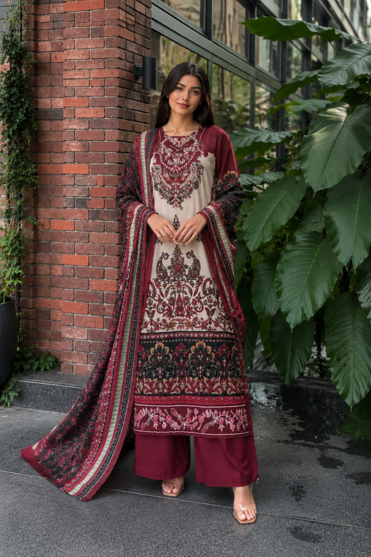 Beautiful Maroon Embroidered Premium Muslin Suit Set with Designer Dupatta & Palazzo
