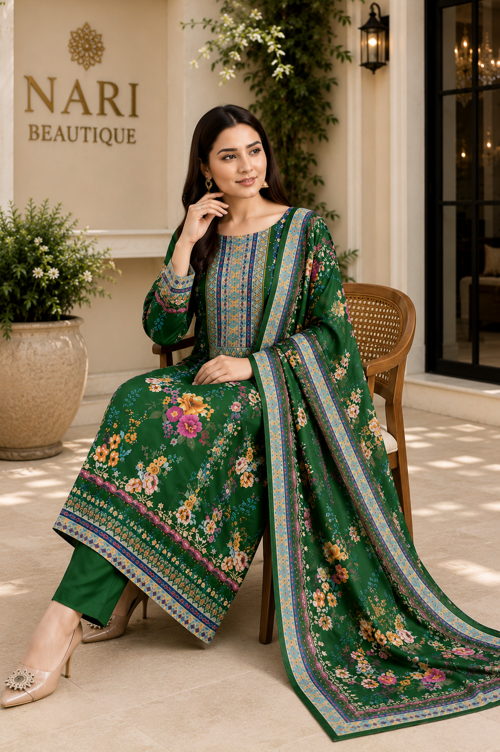 Premium Green Floral Printed Muslin Straight Suit Set with Matching Dupatta