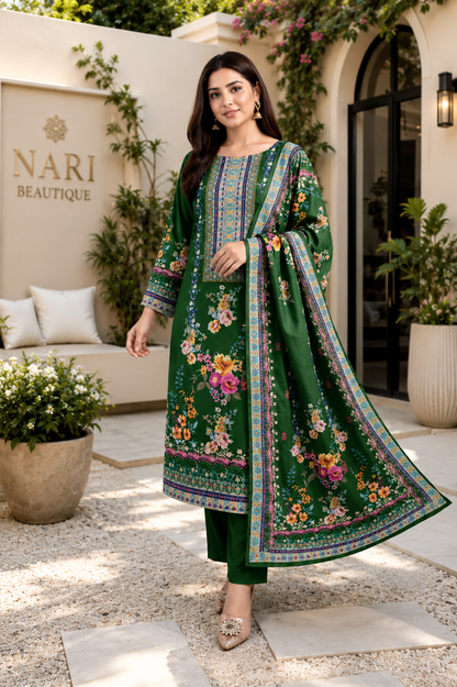 Premium Green Floral Printed Muslin Straight Suit Set with Matching Dupatta
