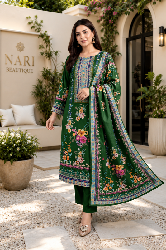 Premium Green Floral Printed Muslin Straight Suit Set with Matching Dupatta