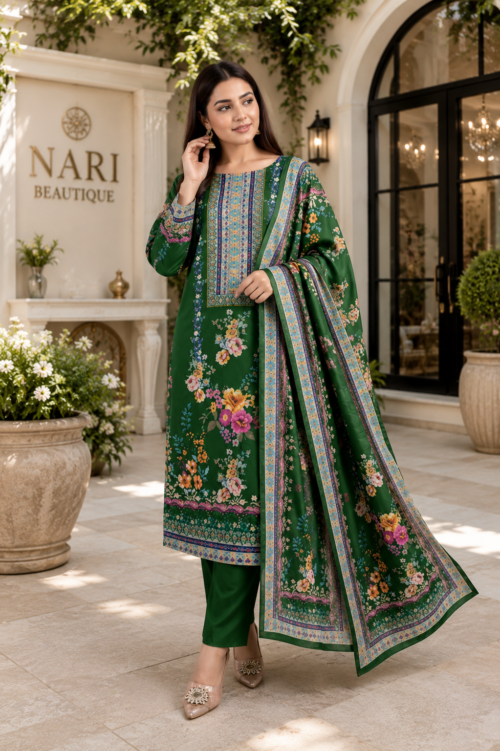 Premium Green Floral Printed Muslin Straight Suit Set with Matching Dupatta