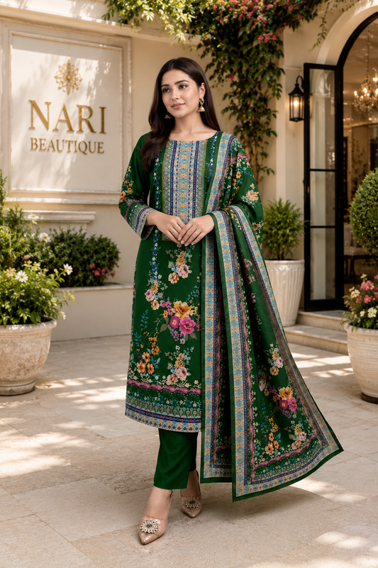 Premium Green Floral Printed Muslin Straight Suit Set with Matching Dupatta