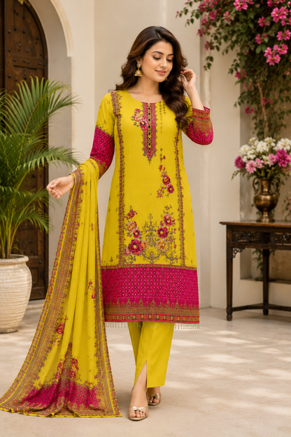 Elegant Yellow Heritage Print Suit Set