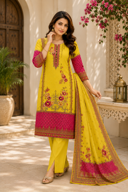 Elegant Yellow Heritage Print Suit Set