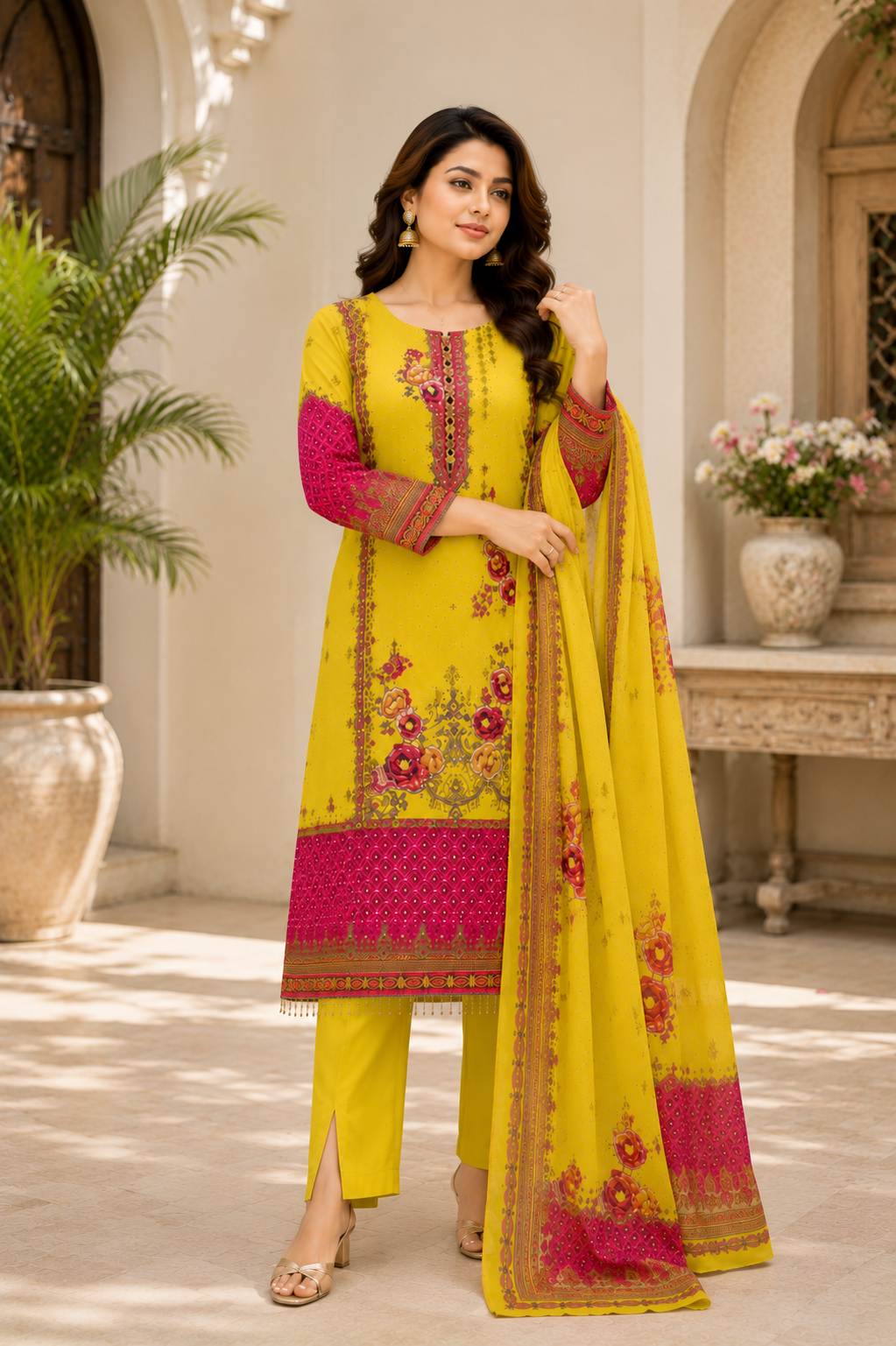 Elegant Yellow Heritage Print Suit Set