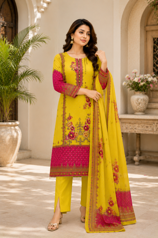 Elegant Yellow Heritage Print Suit Set