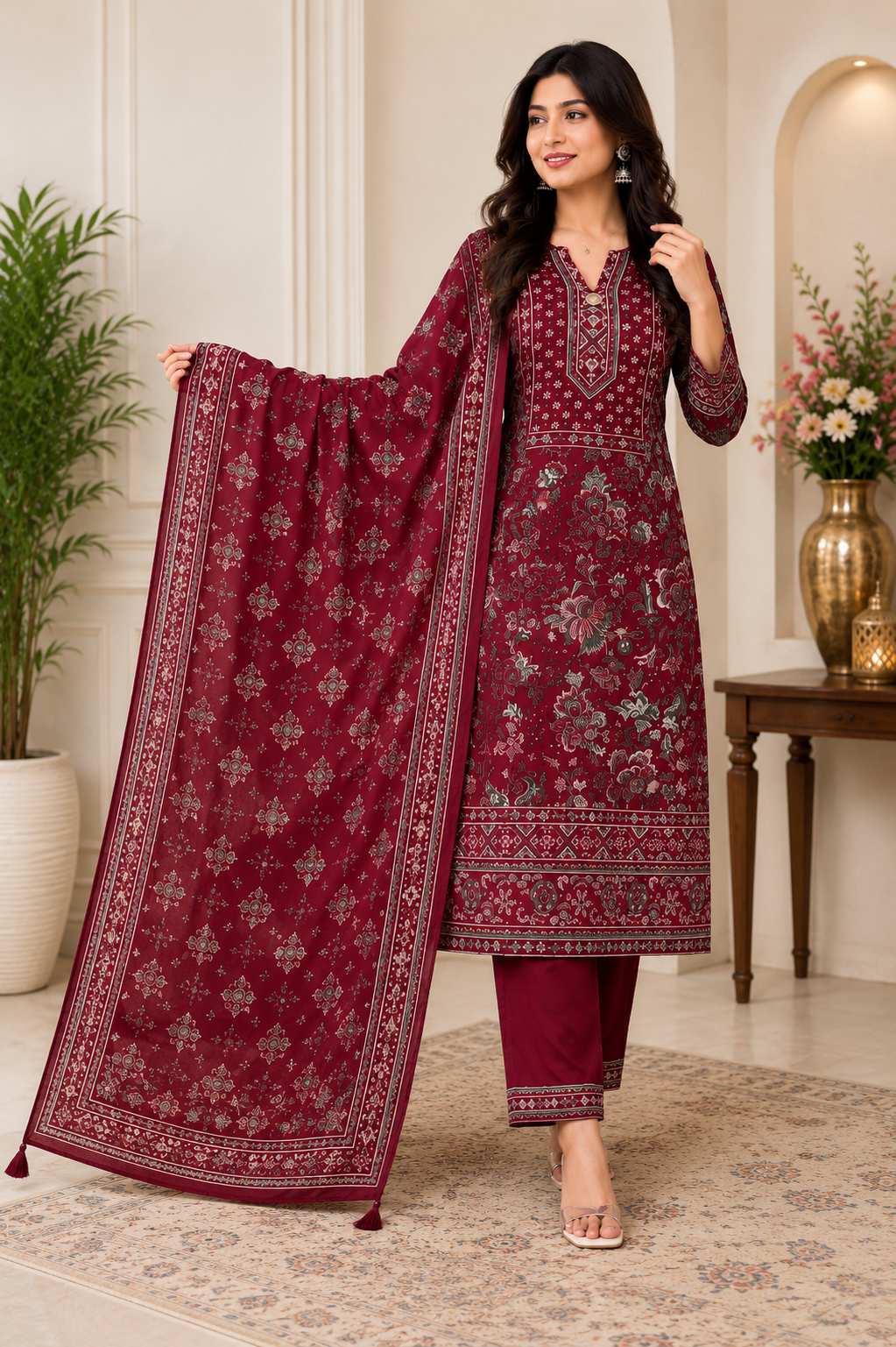 Royal Maroon Printed Kurta Pant with Dupatta Set