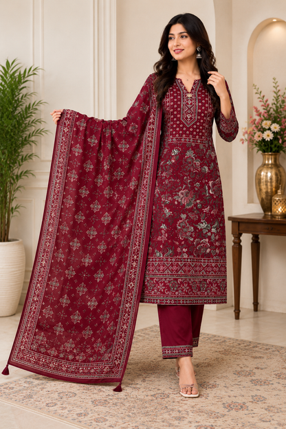 Royal Maroon Printed Kurta Pant with Dupatta Set