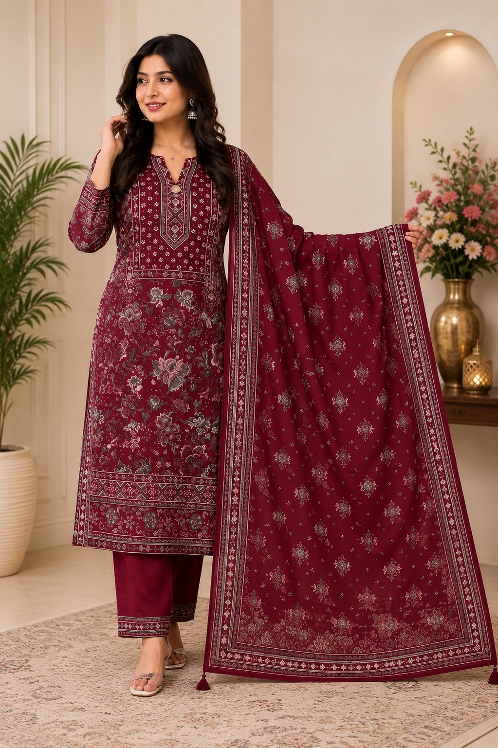 Royal Maroon Printed Kurta Pant with Dupatta Set