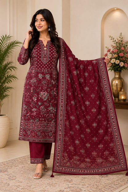 Royal Maroon Printed Kurta Pant with Dupatta Set