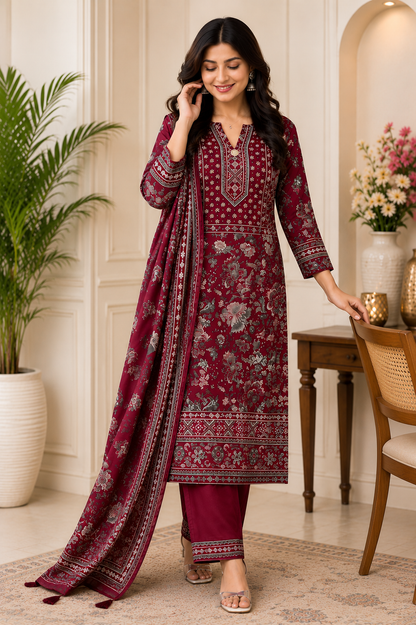 Royal Maroon Printed Kurta Pant with Dupatta Set