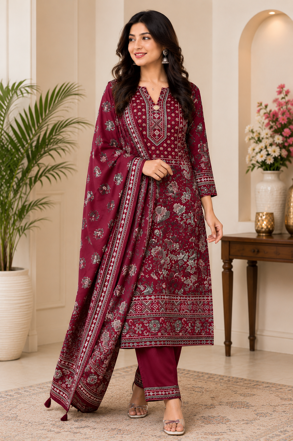 Royal Maroon Printed Kurta Pant with Dupatta Set