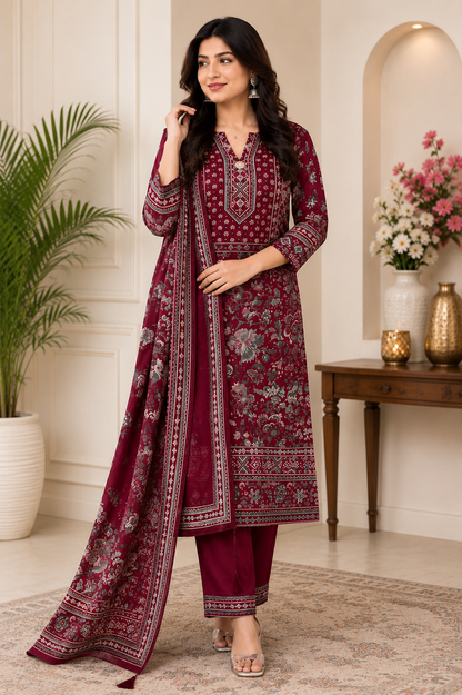 Royal Maroon Printed Kurta Pant with Dupatta Set