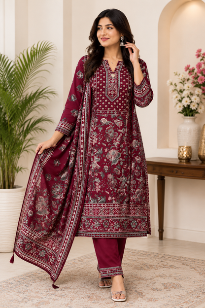 Royal Maroon Printed Kurta Pant with Dupatta Set