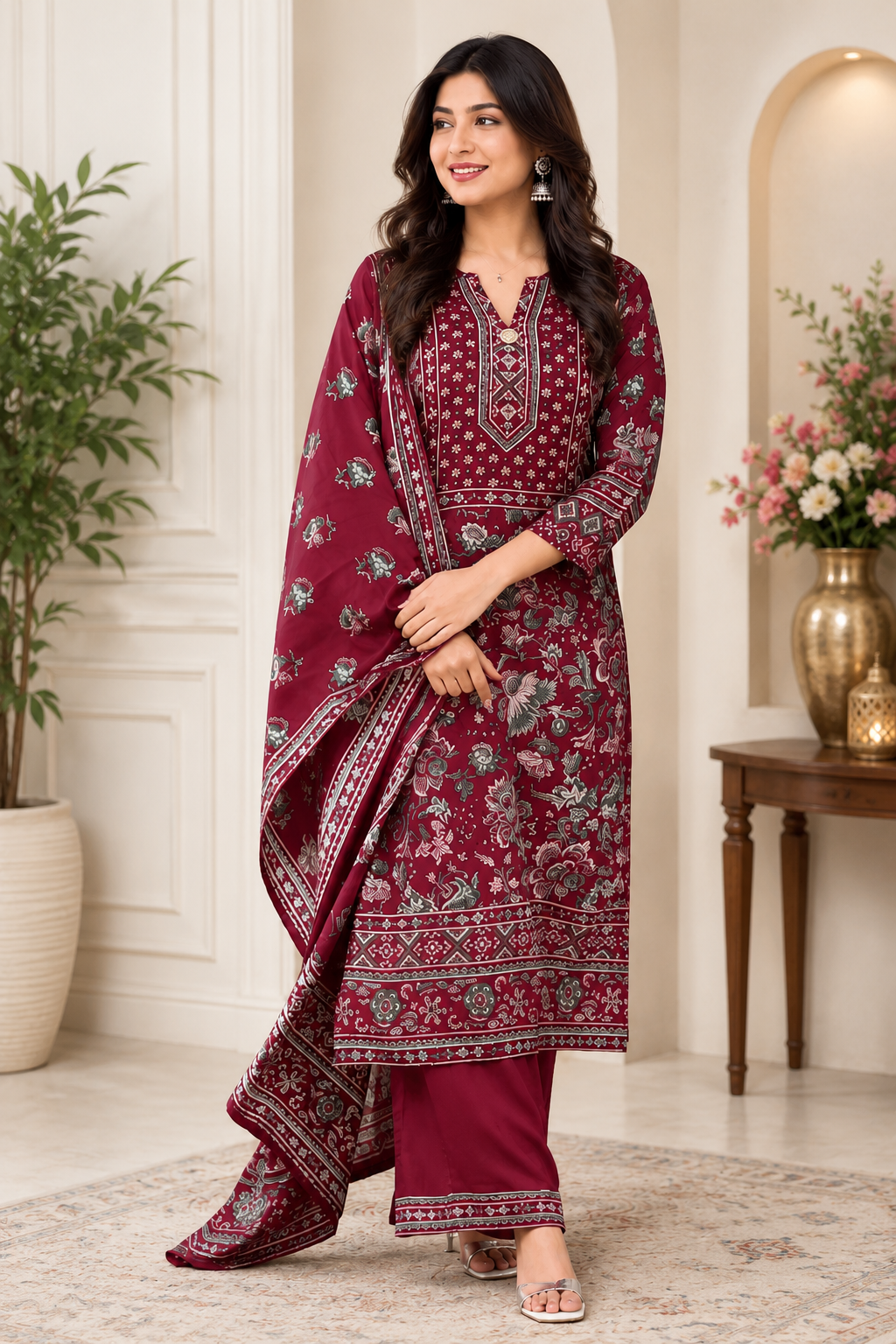 Royal Maroon Printed Kurta Pant with Dupatta Set