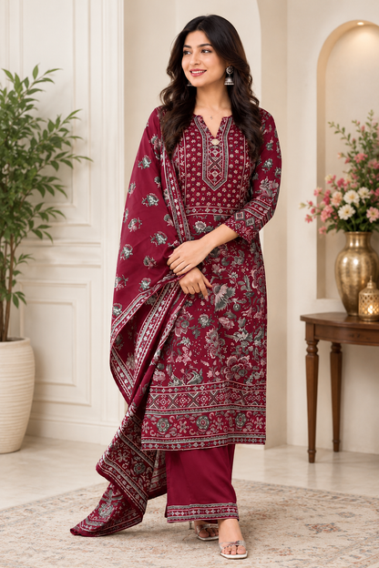Royal Maroon Printed Kurta Pant with Dupatta Set