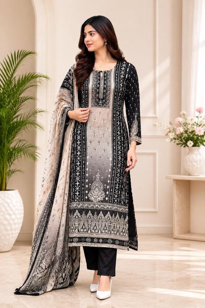 Premium Elegance Black Printed Kurta Pant & Dupatta Set for Wome