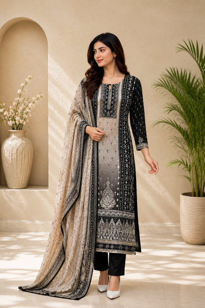 Premium Elegance Black Printed Kurta Pant & Dupatta Set for Wome