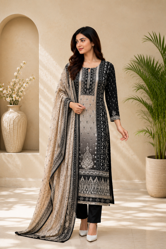 Premium Elegance Black Printed Kurta Pant & Dupatta Set for Wome