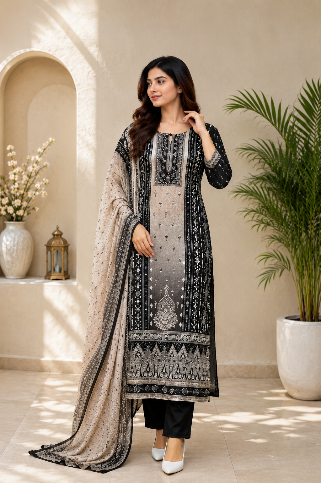Premium Elegance Black Printed Kurta Pant & Dupatta Set for Wome
