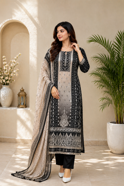 Premium Elegance Black Printed Kurta Pant & Dupatta Set for Wome
