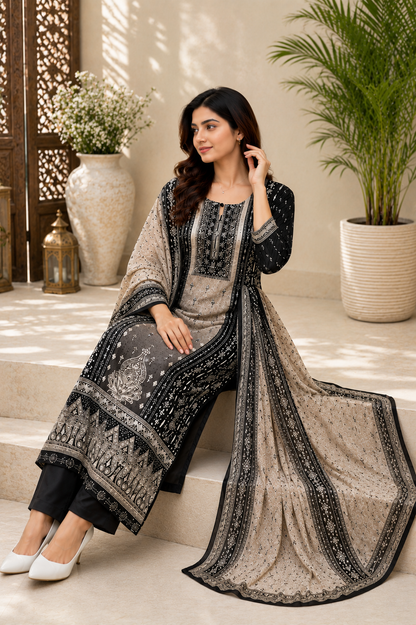Premium Elegance Black Printed Kurta Pant & Dupatta Set for Wome