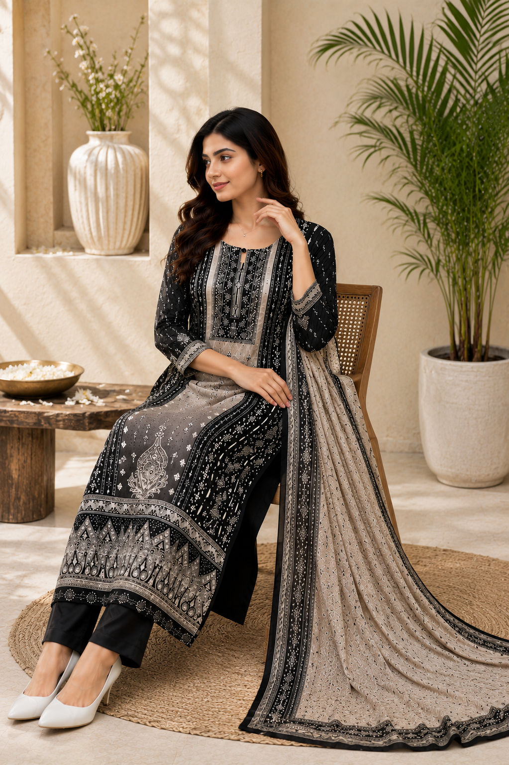 Premium Elegance Black Printed Kurta Pant & Dupatta Set for Wome