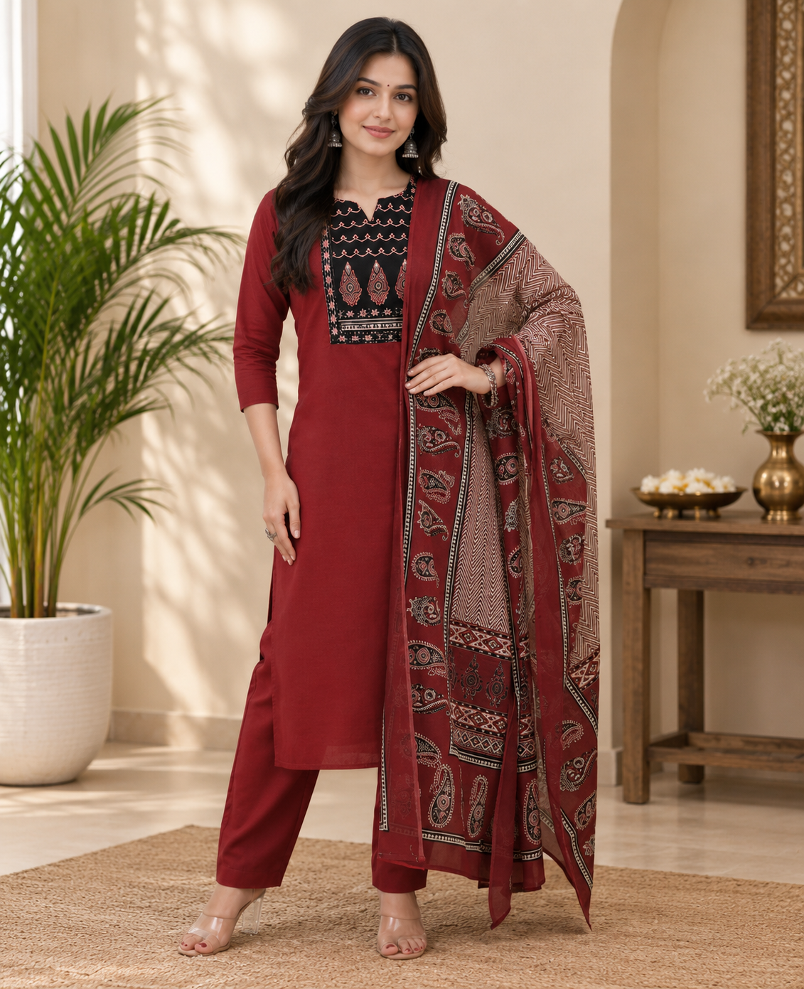 Royal Maroon Heritage Rayon Kurta Pant & Dupatta Set for Women