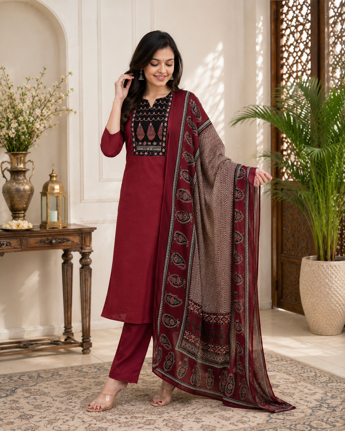 Royal Maroon Heritage Rayon Kurta Pant & Dupatta Set for Women