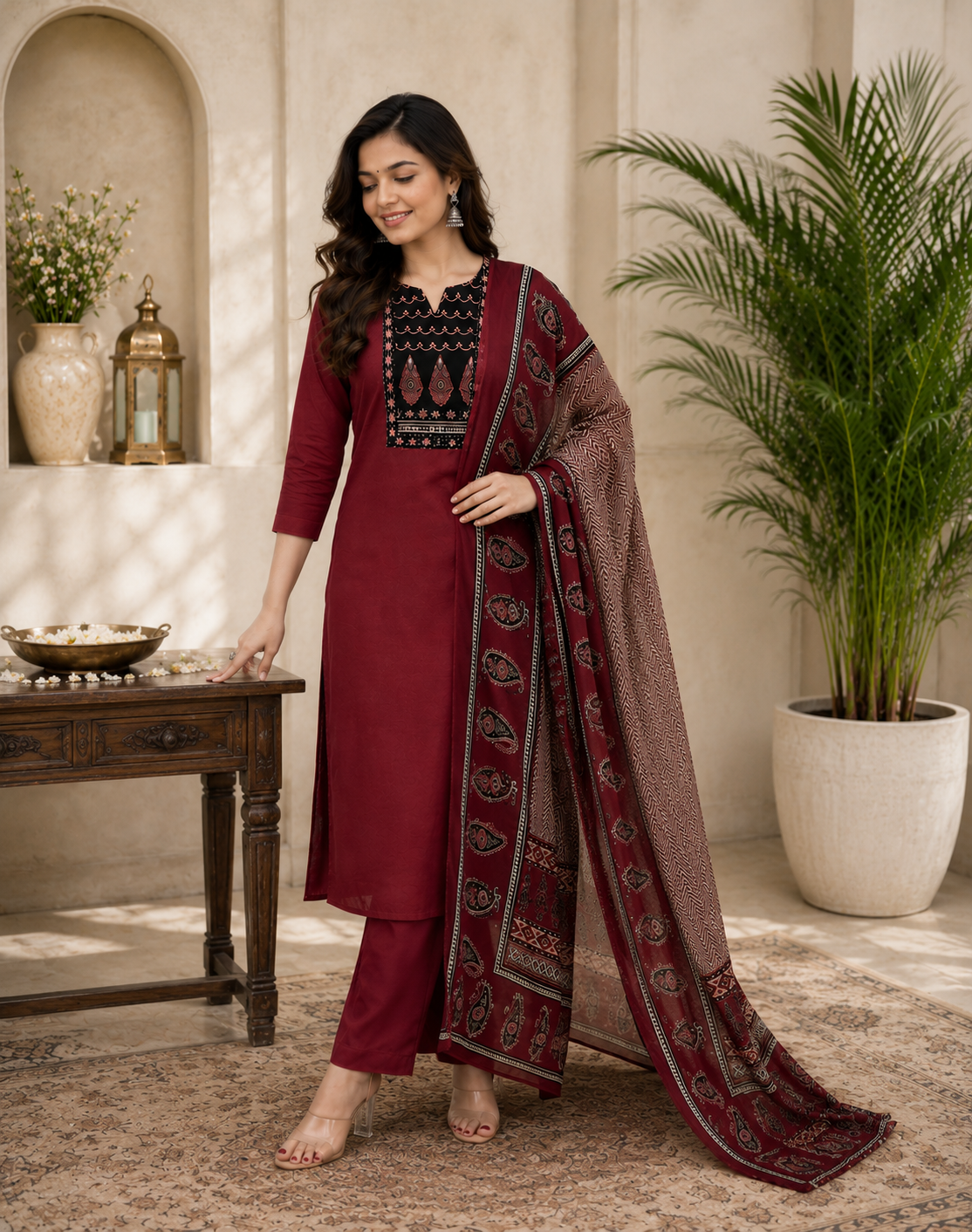 Royal Maroon Heritage Rayon Kurta Pant & Dupatta Set for Women
