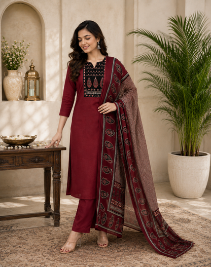 Royal Maroon Heritage Rayon Kurta Pant & Dupatta Set for Women