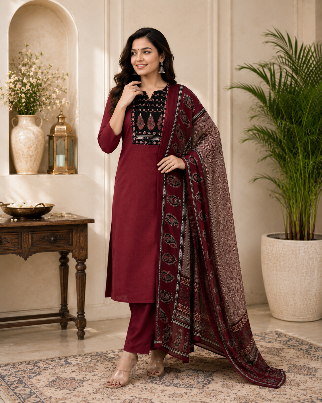Royal Maroon Heritage Rayon Kurta Pant & Dupatta Set for Women