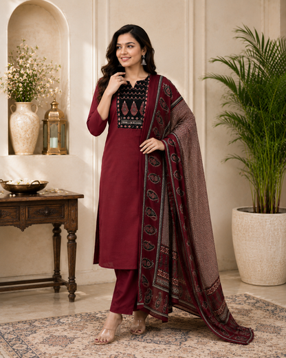 Royal Maroon Heritage Rayon Kurta Pant & Dupatta Set for Women