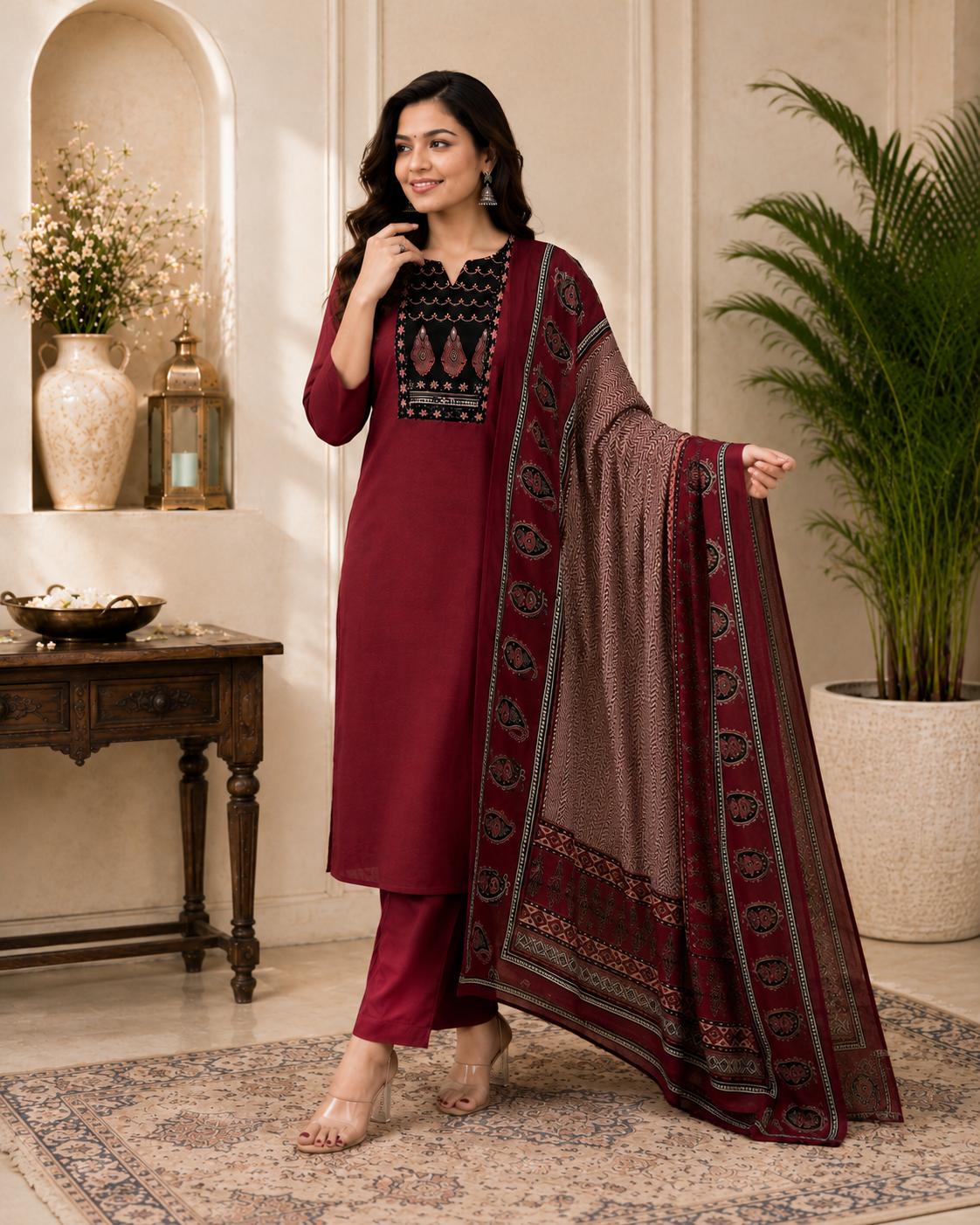 Royal Maroon Heritage Rayon Kurta Pant & Dupatta Set for Women