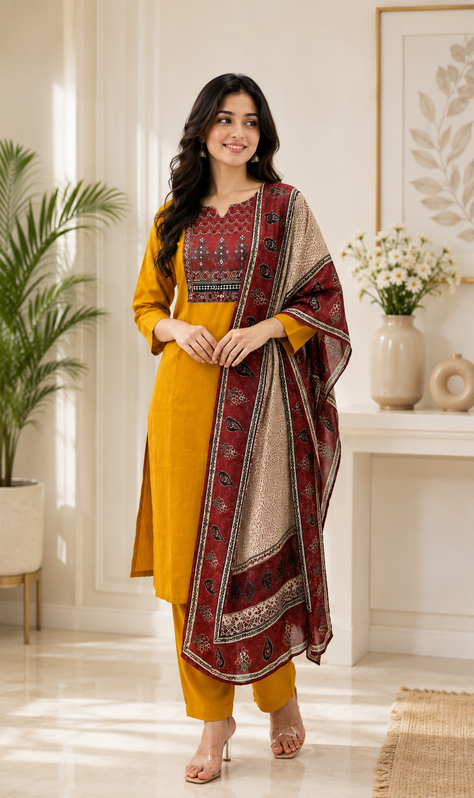 Magic Mustard Yellow Printed Rayon Kurta Pant Set