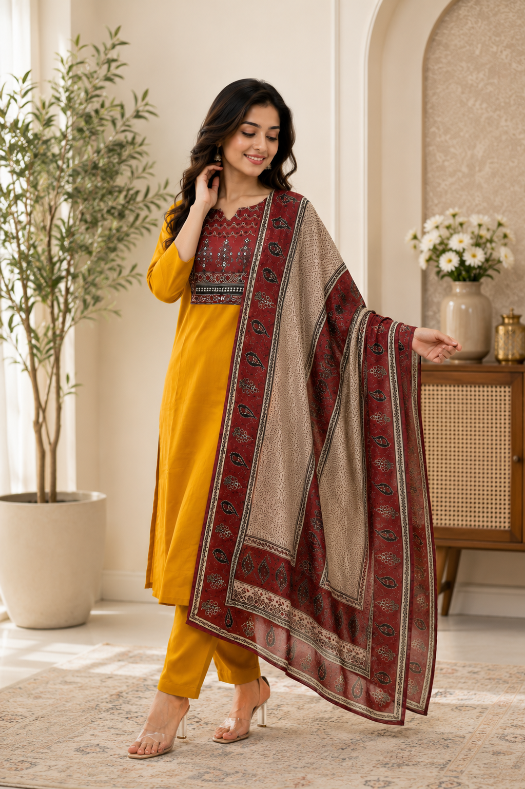 Magic Mustard Yellow Printed Rayon Kurta Pant Set
