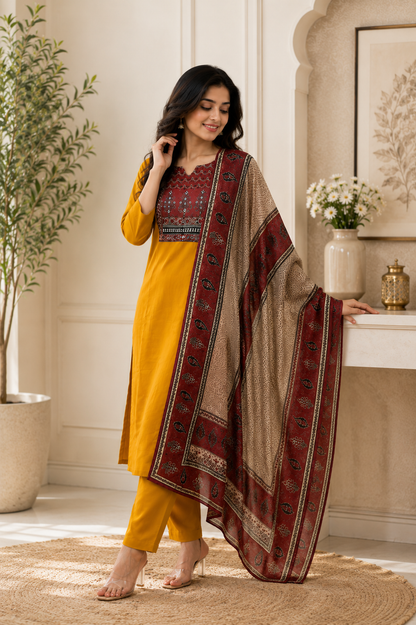 Magic Mustard Yellow Printed Rayon Kurta Pant Set