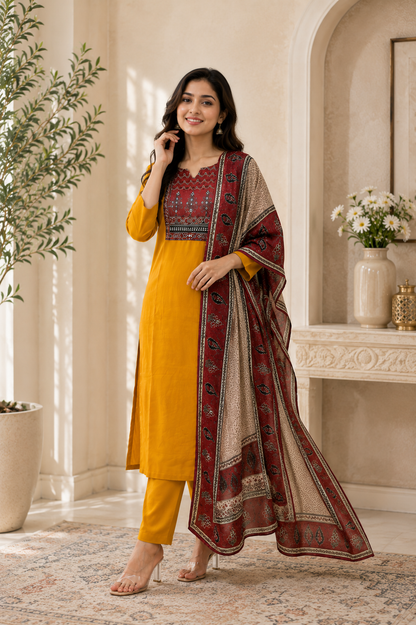 Magic Mustard Yellow Printed Rayon Kurta Pant Set