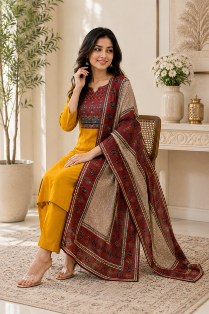 Magic Mustard Yellow Printed Rayon Kurta Pant Set